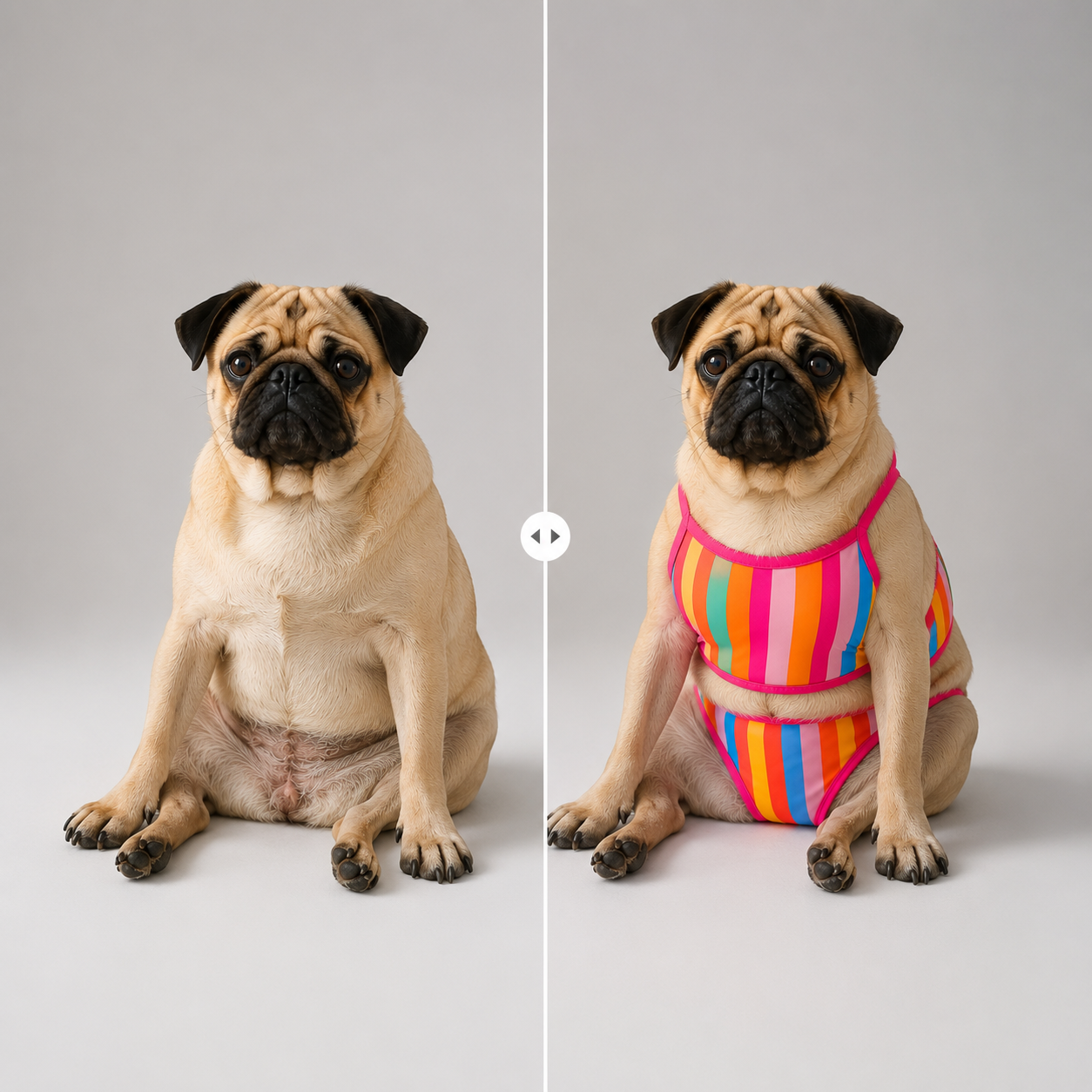 Comparação do pet antes e depois de experimentar uma peça no Provador Kaluta